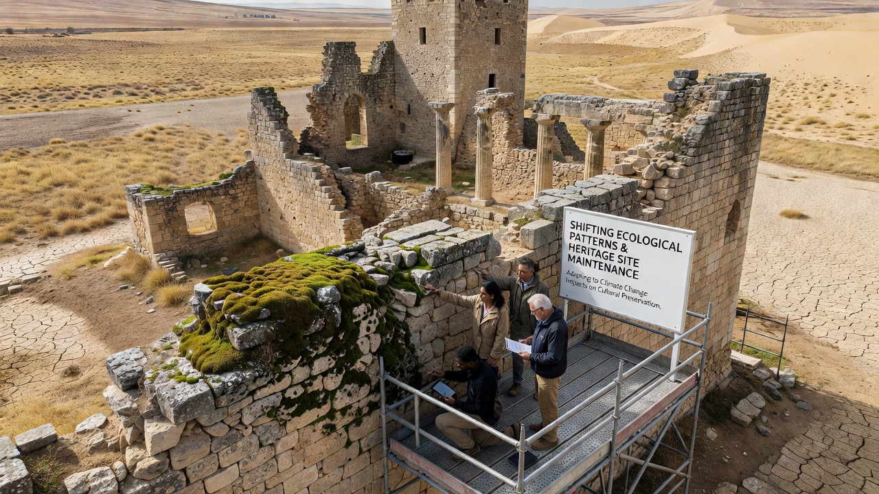 Conservation specialists assessing damage to historic masonry from recent environmental changes
